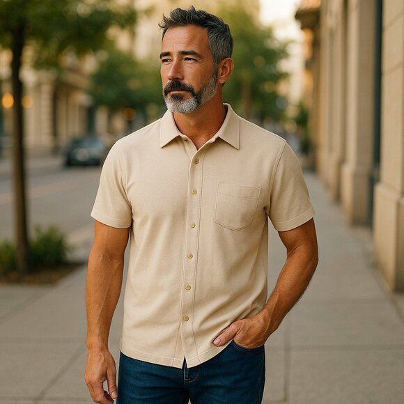 NWT BEN SHERMAN Men's Cotton Blend Knit Short Sleeve Button Down Casual Shirt - Picture 1 of 12